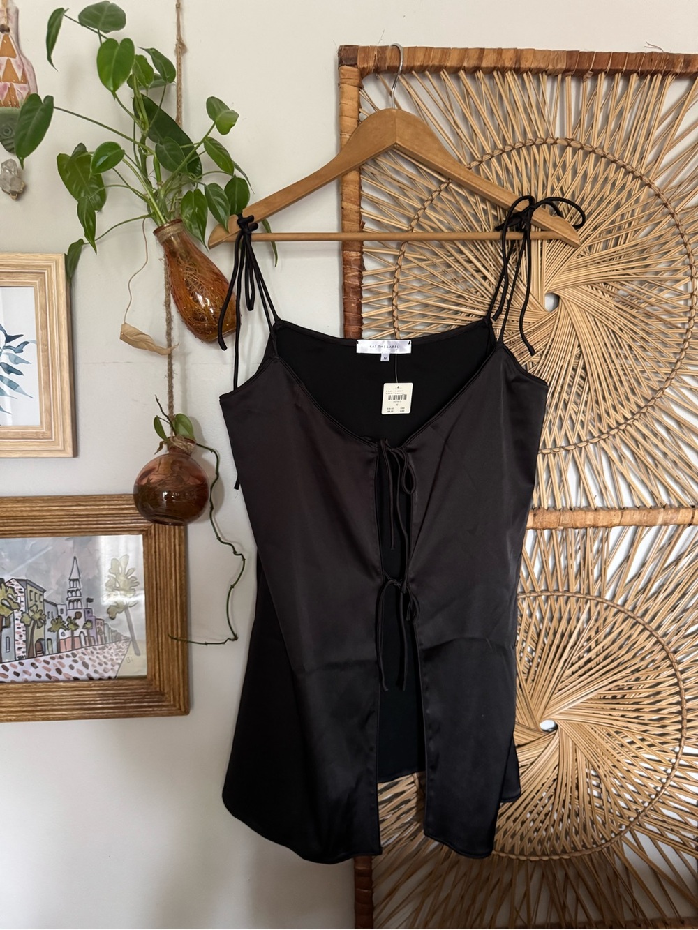 Satin Black Tie-Front Tank Top - Women